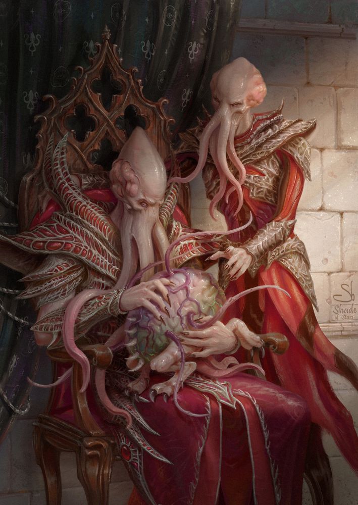 Digital painting, fan art of the game "Baldur's Gate 3". There are two mind flayers in the image, The Emperor and Tav who transformed and became a mind flayer too. The Emperor sits in a chair and holds an intellect devourer Us, Tav stands near and reaches to Us with their hand.  The light is warm and the scene seems peaceful, they are happy.