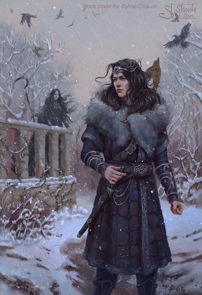Digital artwork, a book cover (front). It's winter. Dark haired pale man with fur on his shoulders stands in the front. There is a dark haired woman holding a scythe far in the background. Crows are flying in the air, and it's snowing.