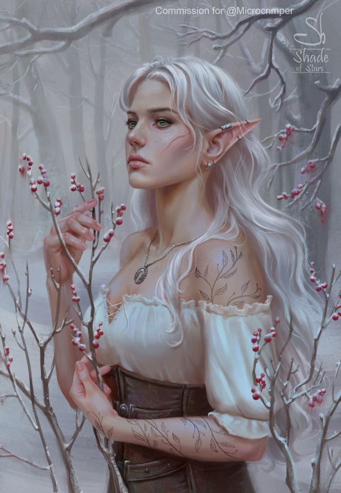 Digital artwork. An elf female stands in the forest in winter. Her skin is pale, her hair is white, eyes are green. 