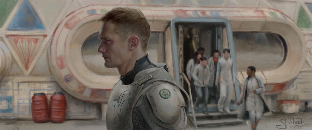 Digital painting, a study of a screenshot from the TV-show "Murderbot".