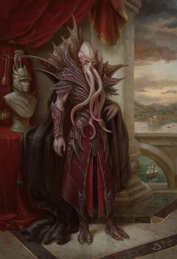 Digital painting in style resembling old portraits of nobles and kings. A mind flayer called The Emperor is standing in static pose, looking at the viewer. He is wearing his usual armor and cloak. There is a dark red curtain and a marble floor in the room, and a table with bust of Balduran on it. There is a column and balcony on the right side of the background, the view is water with some sailing ships and the city of Baldur's Gate far away. One of the buildings is the Sea Tower of Balduran.