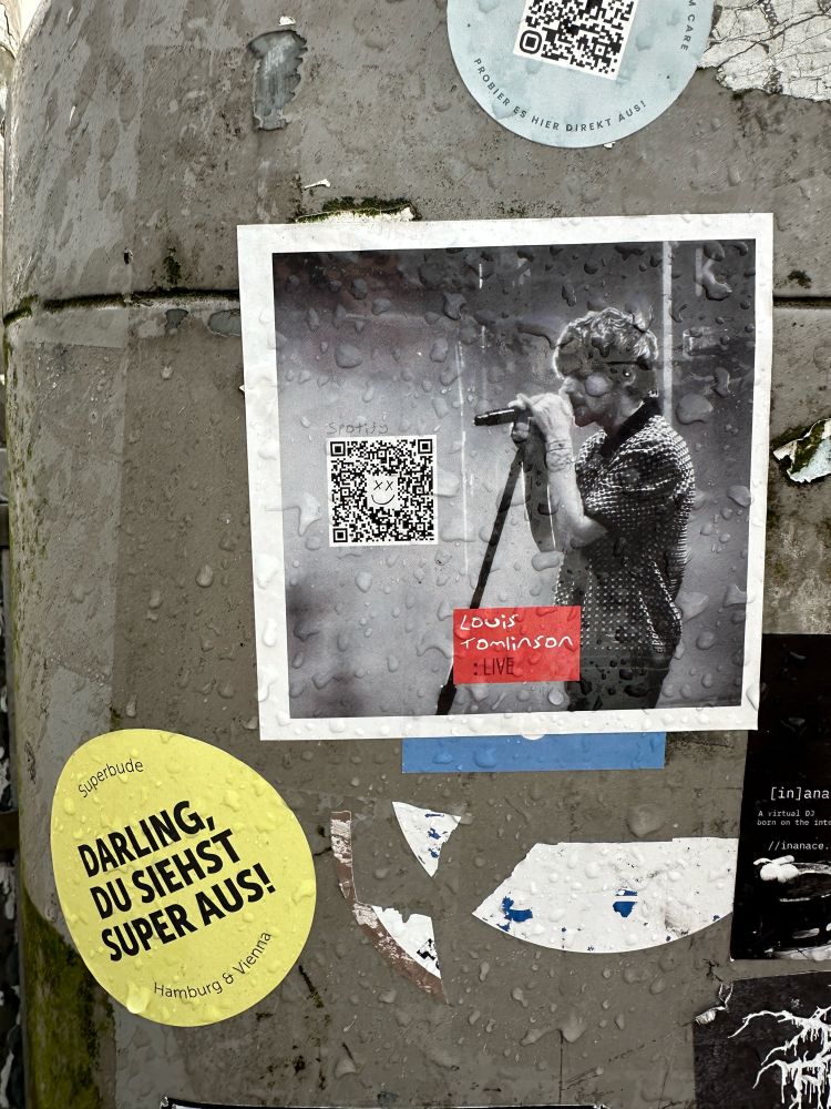 Zwei Aufkleber, einer davon zeigt Louis Tomlinson und hat einen Code zum Live-Album. Auf dem anderen steht „Darling du siehst super aus“