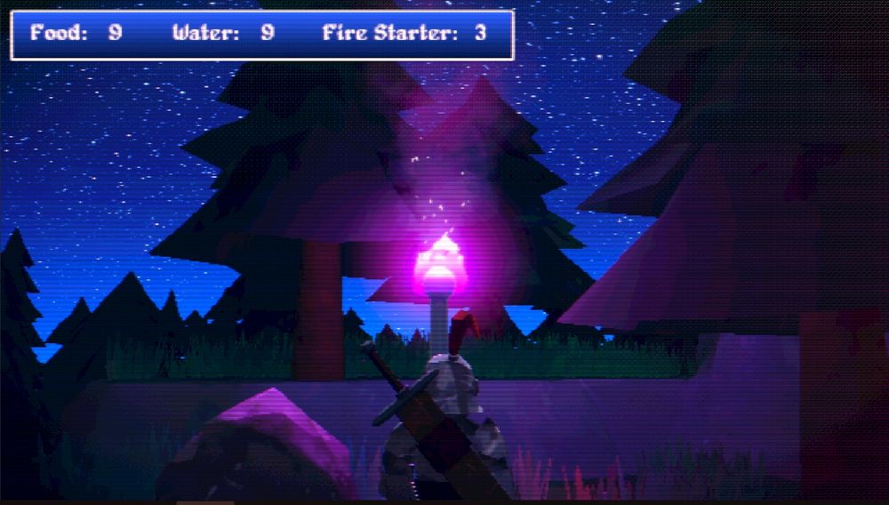 A knight standing in a forest beside a large rock looking up at a purple fire and a starry night sky