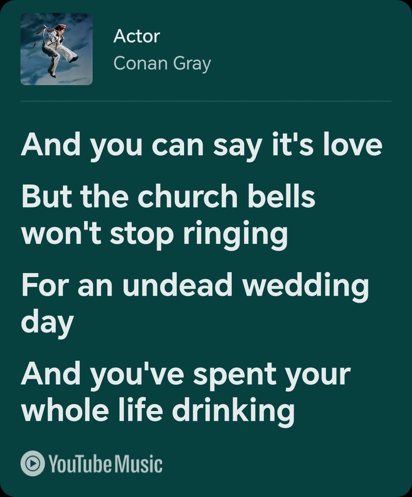 Screenshot of the song actor by Conan Gray 
And you can say it's love 
But the church bells won't stop ringing for an undead weeding day
And you've spent your whole life drinking 

