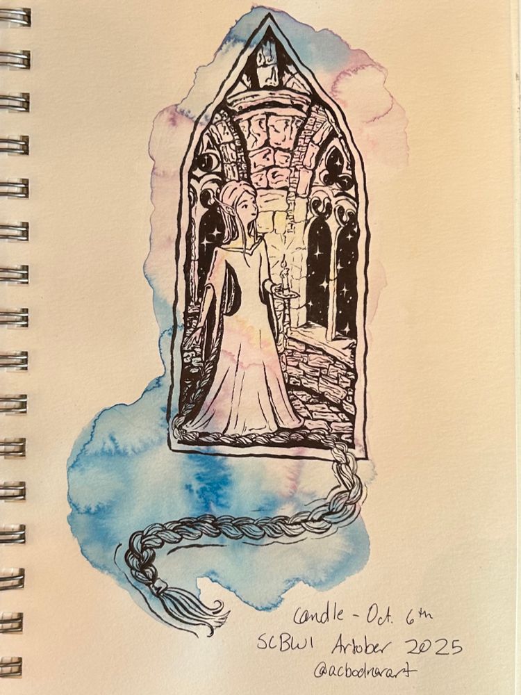 Sketchbook page showing a brush pen drawing of an elven girl holding a candle in a tower, a starry sky visible through the gothic windows and long braid snaking towards the the viewer, drawn atop a blot of pink, purple, and blue watercolor. Text at the bottom reads: Candle - Oct. 6th | SCBWI Artober 2025 | @acbodnarart