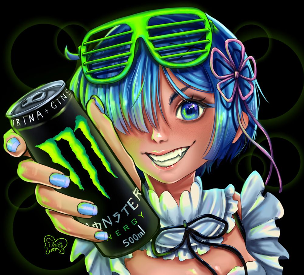 Rem from Re:zero portrait. She is holding a monster energy drink and wearing neon green shutter glasses. 