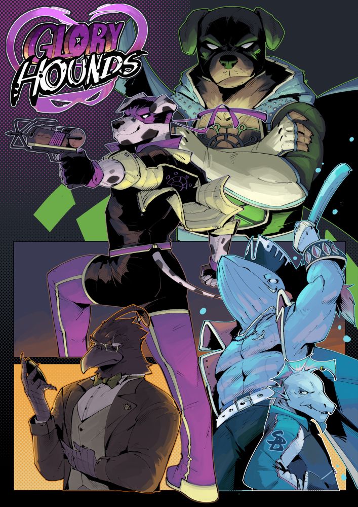 Collage of characters from Glory Hounds, including Alex, Raoul, Milo, Ahab, and Ishmael 
