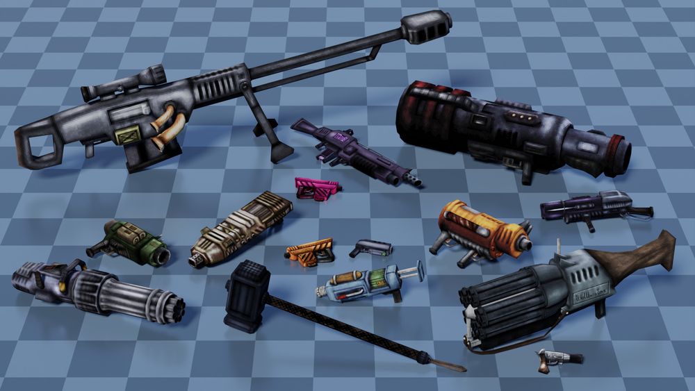 All the currently modelled weapons in the VKDoom mod Codename Demolitionist.