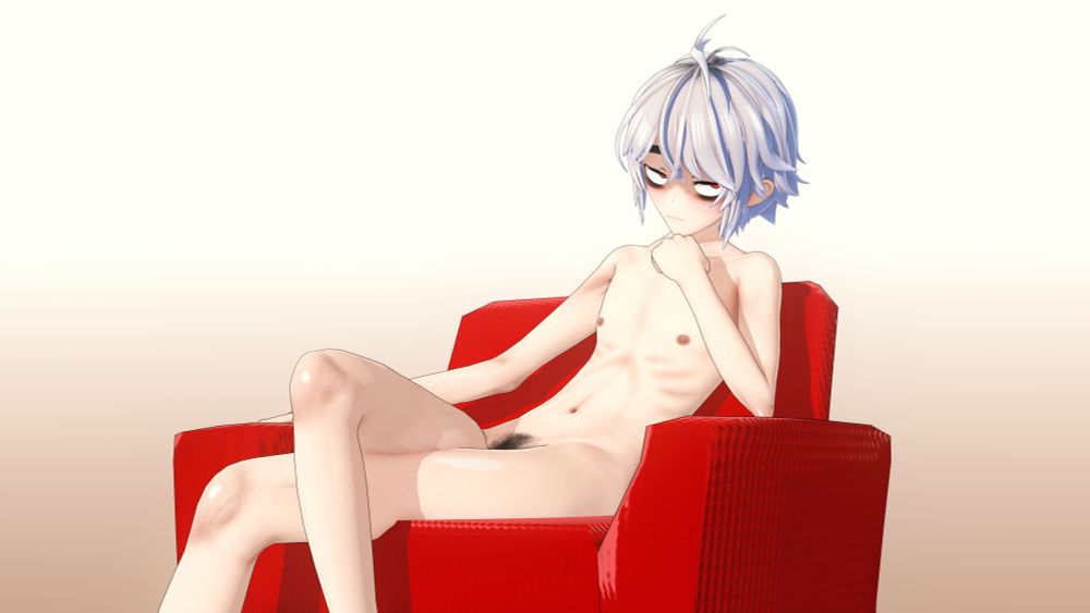 Taro Miyamoto sitting on a couch, naked.