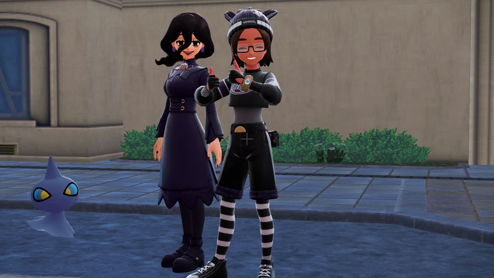 The poster's player character in Pokemon Legends Z-A posing next to a smiling Hex Maniac.