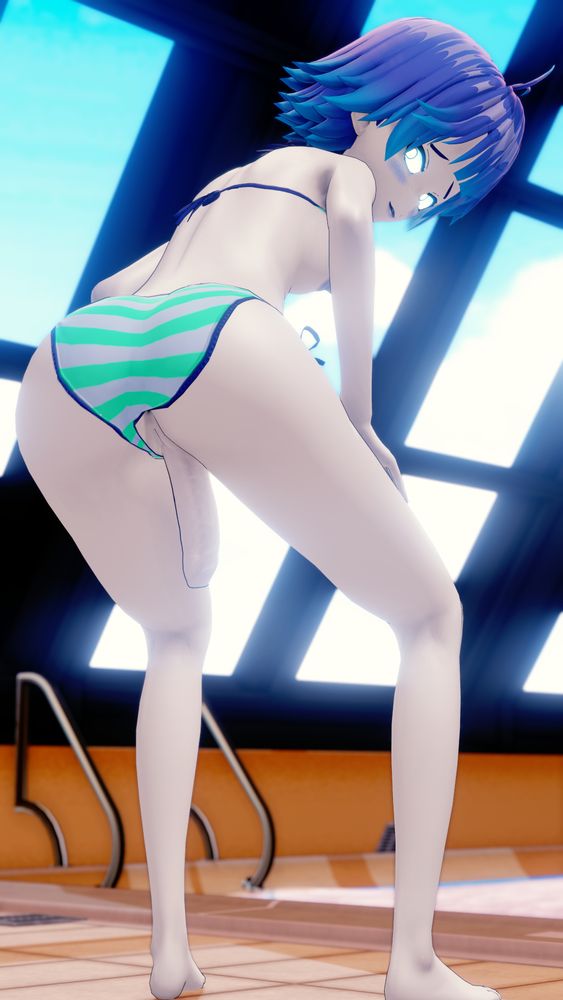 Demo-chan's bikini top lifted and bottom parted, vulva exposed and penis hanging.