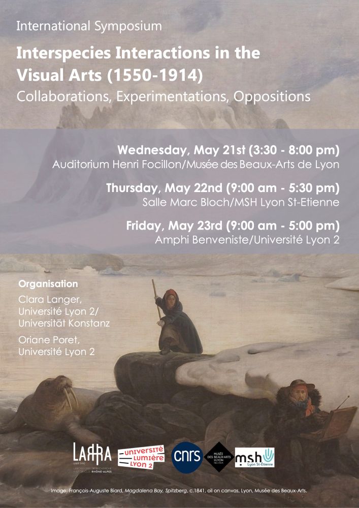 Poster for “Interspecies Interactions in the Visual Arts (1550-1914) Collaborations, Experiments, Oppositions” international symposium held May 21-23, 2025. 