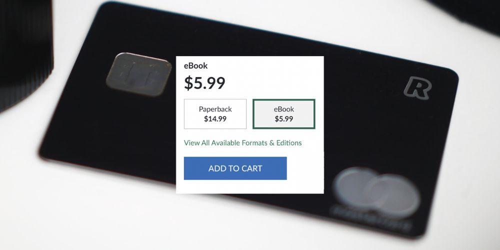 The "add to cart" button for a Nook ebook purchase is shown against a black bank card.