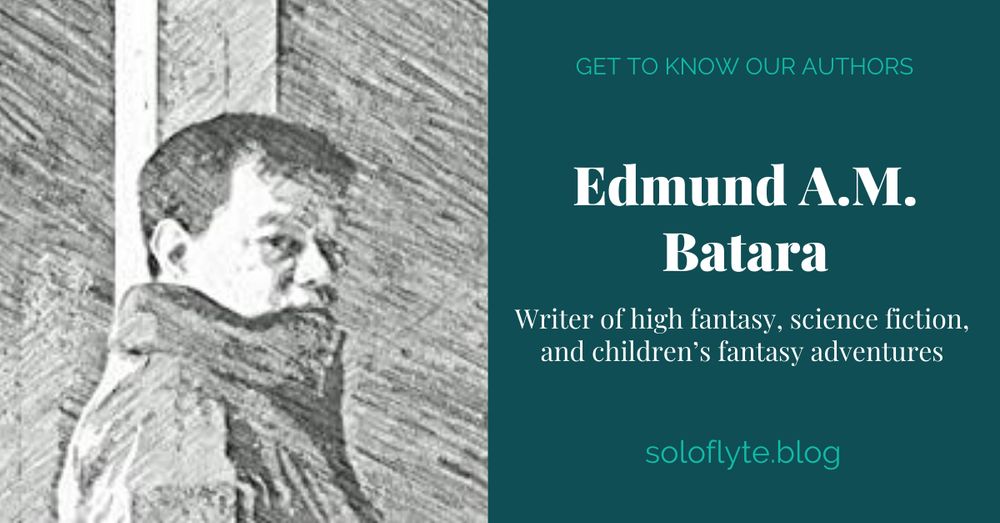Fantasy and science fiction author Edmund A.M. Batara's portrait and website URL.
