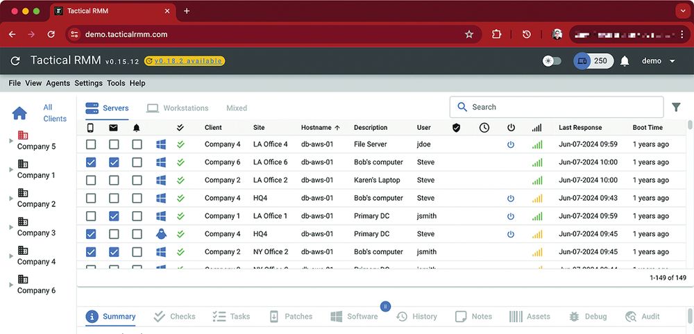 Besides Windows, Tactical RMM also supports macOS and Linux as target operating systems, as indicated by the operating system icons under Workstations in the overview