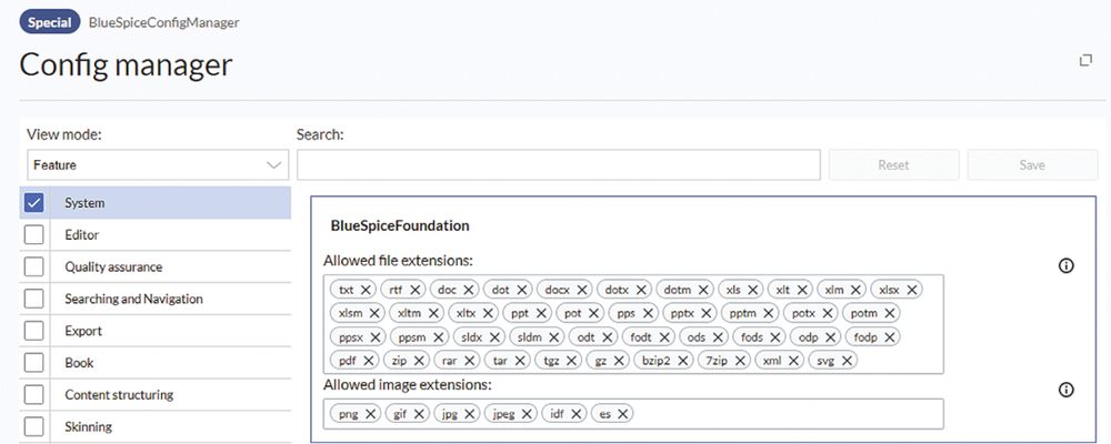 (Screenshot of the BlueSpiceConfigManager)  In the configuration of BlueSpice, you have to ensure that all media file formats that were used in Confluence are listed. Only those will be imported.