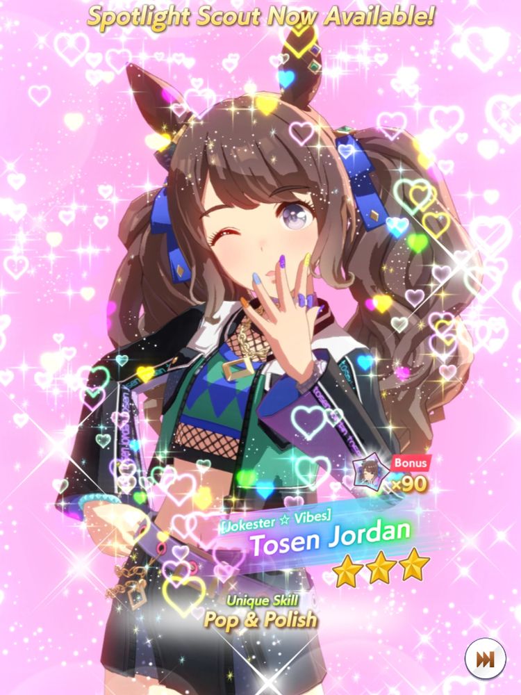 Umamusume gacha cinematic for the just-released Tosen Jordan, who strikes a coquettish pose while buried under a thick layer of Umastagram filters on a pink background. As in the cases of the real-life racehorses, Gold Ship and Tosen Jordan share a very petty mild-to-moderate dislike of each other. And as a member of Ship Nation, it is my duty to drag this horse wherever possible, and I will not shrink from this task.