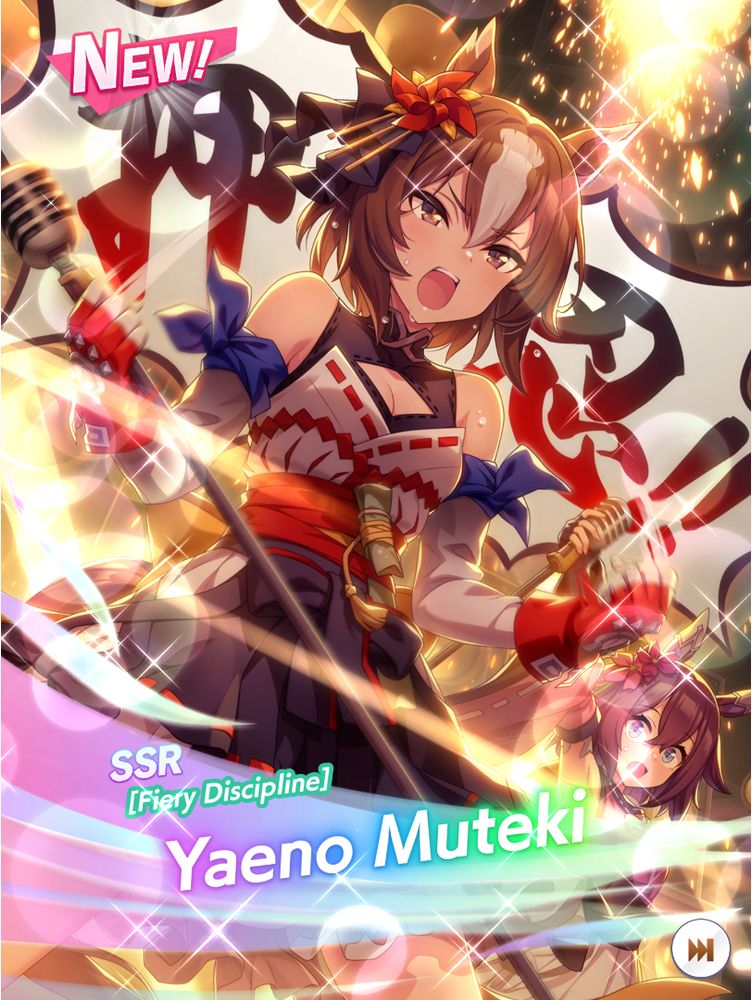 SSR Yaeno Muteki, seen here belting out some raucous pop standard (a Joan Jett joint maybe?) in front of Sakura Chiyono O, almost obscured by her golden aura. It's easy to forget, until you play the game, that poor Muteki is capable of doing stuff BESIDES getting smoked by Oguri Cap and all her pals in Cinderella Gray races.