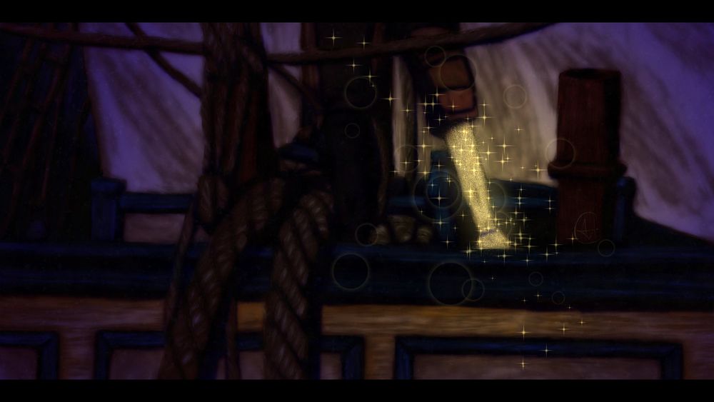 A drawing of a frame from the 'for the new unicorn' scene in episode 4, season 2 of Our Flag Means Death. It is night. Izzy Hands is at the center of the scene with parts of the ship in the foreground and background. He stands with the unicorn prosthetic propped up and prominently displayed. The prosthetic is glowing and glittering as if it is magical.