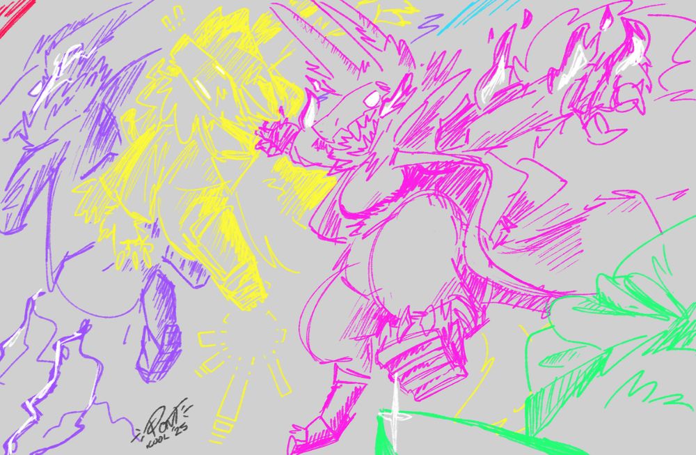 a sketch in extremely bright colours over grey. various verions of harsh, our mascot, are visible - a purple one with lightning, yellow with squared-off magic, pink with fire, and a glimpse at a green one with something sharp. all are in dynamic poses as if in the middle of dramatic movement.