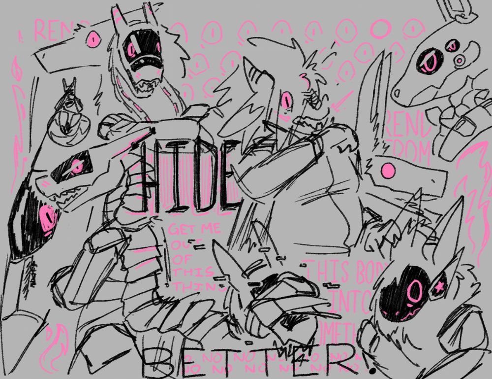 various figures with fearful expressions and piercing pink eyes staring straight at the viewpoint. most are synthetic in nature - synths, robots, an aeromorph, a protogen. there is also a dragon, sergal, and harsh. some of the background includes rows of eyes and fire.

text interspersed around the image reads: "REND. HIDE. GET ME OUT OF THIS THING. REND FROM THIS BODY INTO SOMETHING BETTER. NO NO NO NO NO NO NO NO"

it's all good, promise :+1: