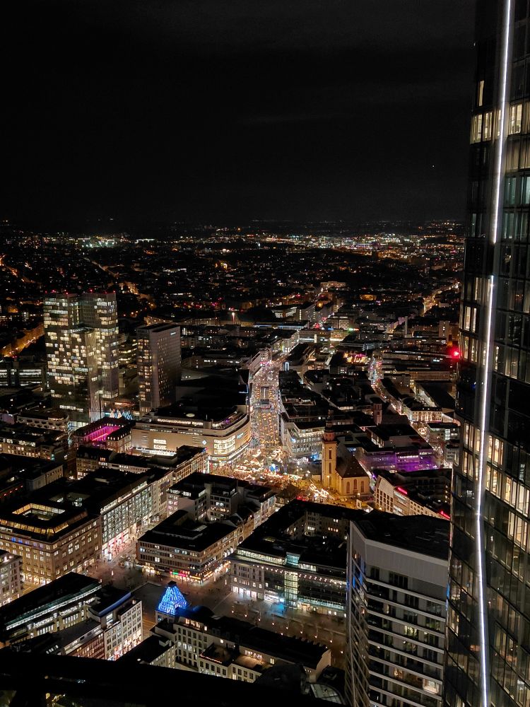 Looking down on Frankfurt christmas markets from Main Tower, around 57 stories high