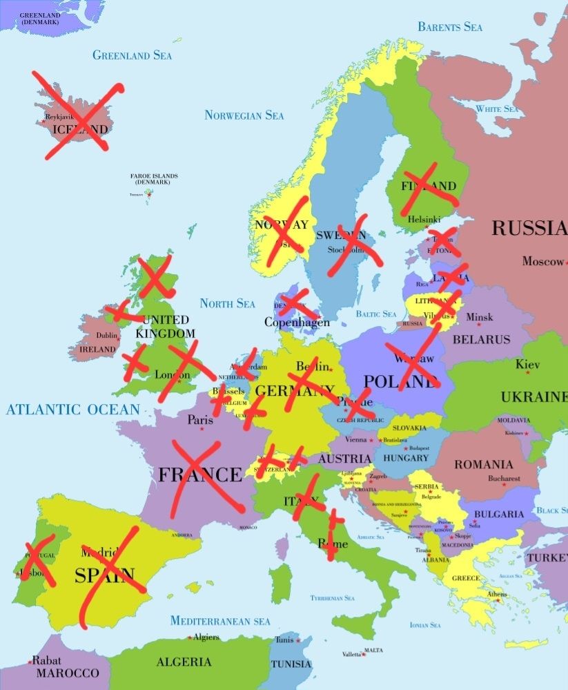A map of Europe with a large portion of western countries crossed out with a red X 