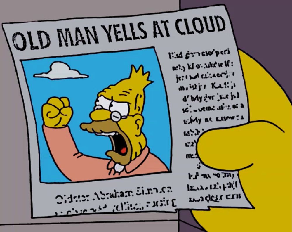 a cartoon of homer simpson is holding a newspaper that says old man yells at cloud