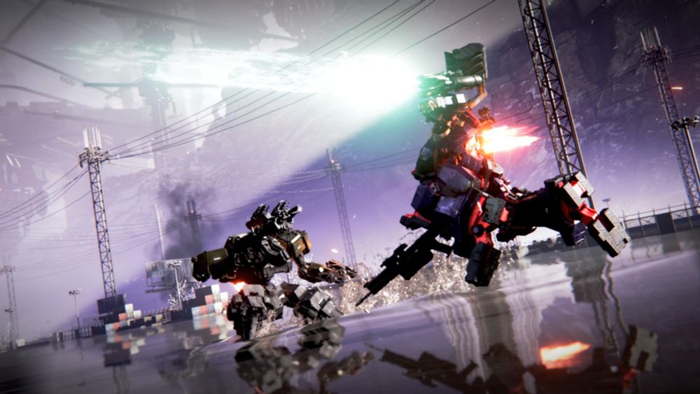 Tilt angle shot from Armored Core VI of the player's AC lunging at an enemy AC with an energy blade