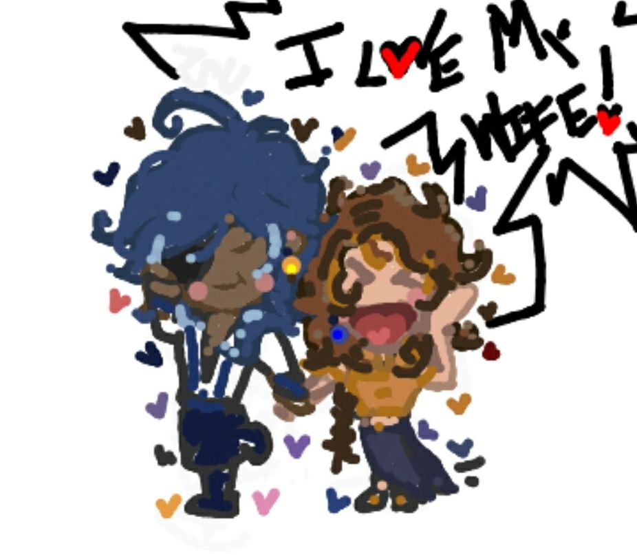 an oc(who screams with their eyes cloeed and enthusiastically I LOVE MY WIFE, about Kaeya) holding hands with Kaeya (who lifts one of their leg and holds their cheek smiling closed eyes flustered a bit) and tiny hearts around them 