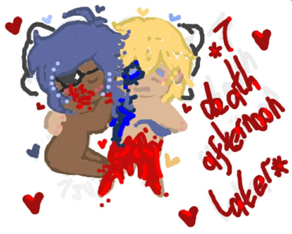 Kaeya(which has blood stain around their mouth) sleeping sweetly in Dain's (which look traumatized with their torso eaten/bitten/chomped off) arm with tiny hearts around them and with a writing says "*7 DEATH AFTERNOON LATER*
