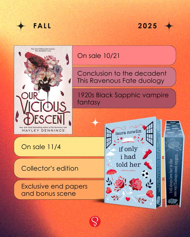 Our Vicious Descent by Hayley Dennings: on-sale 10/21, conclusion to the decadent This Ravenous Fate duology, 1920s Black Sapphic vampire fantasy. If Only I Had Told Her Collector’s Edition by Laura Nowlin: on-sale 11/4, exclusive end papers and bonus scene.