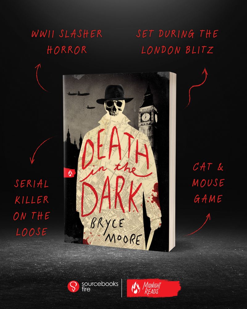 A copy of Death in the Dark on a black background, surrounded by tropes and arrows. the tropes: WWII slasher horror, set during the London Blitz, serial killer on the loose, cat & mouse game.