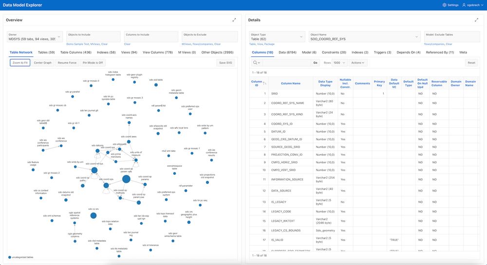 Screenshot of the running app which shows network visualization of a data model and some reports with data model related meta data