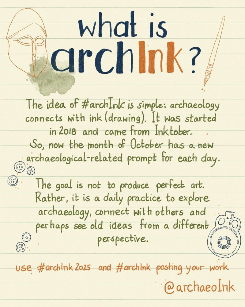 Hand-drawn explanation of archInk on lined paper with archaeological artifacts in margins including a classical face mask, brushes, and pottery. 
Title asks 'what is archInk?' The text explains that archInk connects archaeology with ink (drawing), started in 2018 from Inktober, providing archaeological prompts for October. It emphasizes the goal is daily practice to explore archaeology and connect with others, not perfect art. Instructions to use #archInk2025 and #archInk hashtags, signed @archaeoInk.