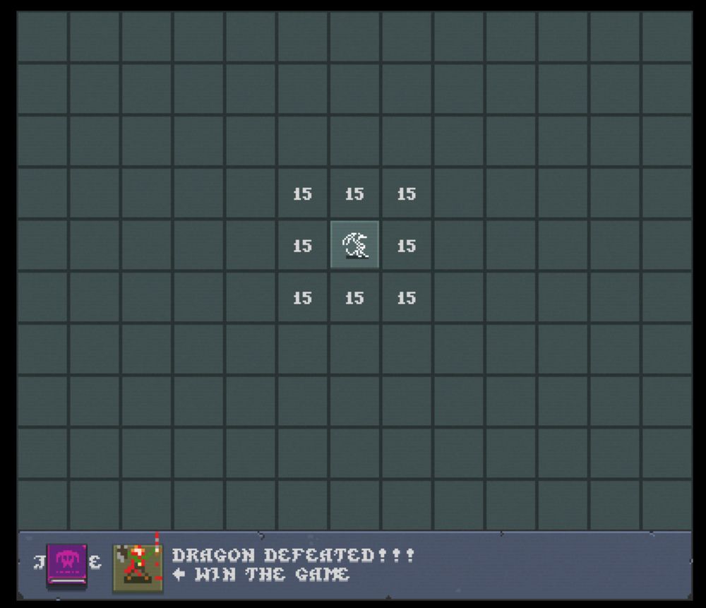 Screenshot of dragonsweeper game, entire minefield is cleared out and the dragon is defeated. 