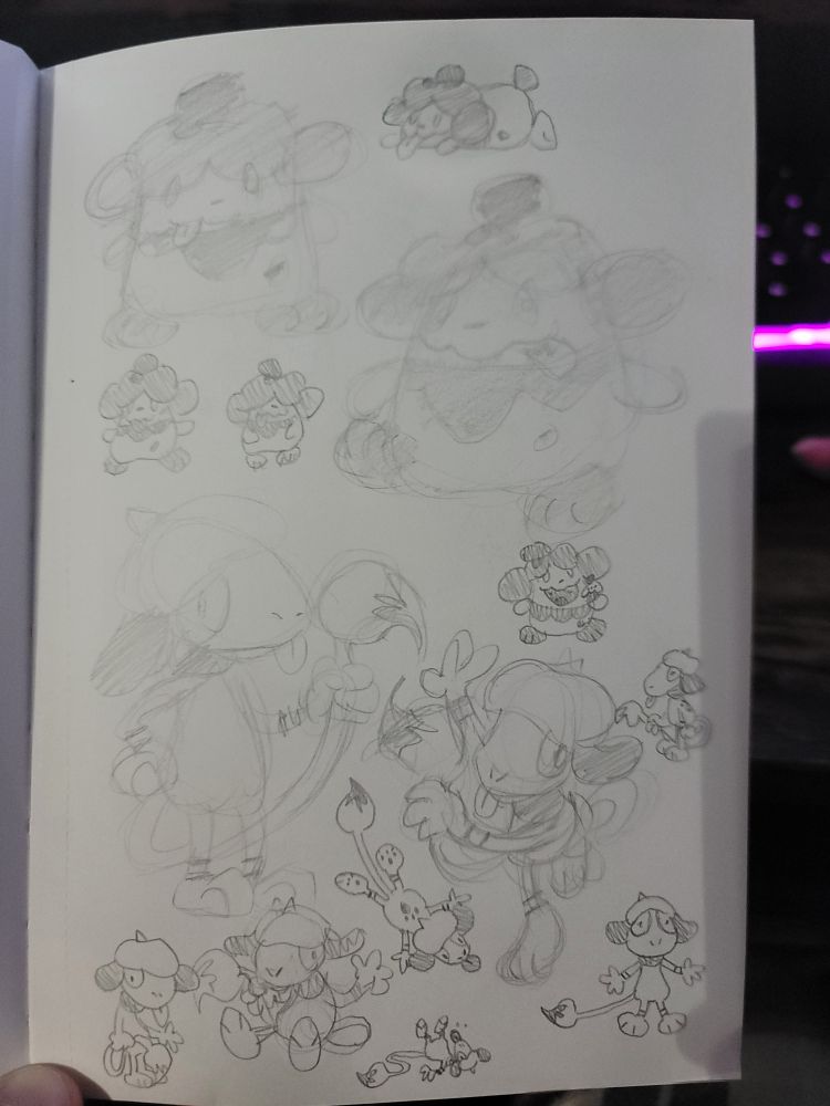 A sketchbook page of rough sketches of the Pokémon Slurpuff and Smeargle.