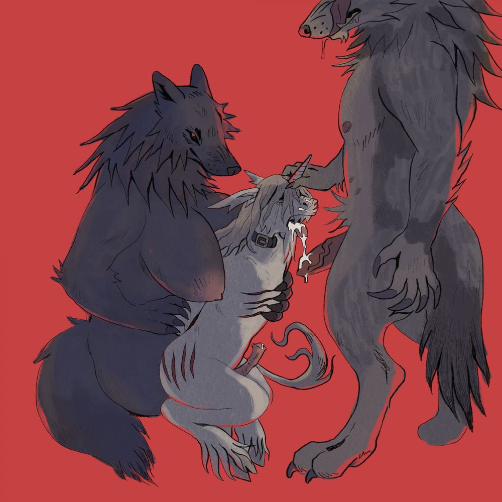One werewolf with large breasts kneels, clutching a small anthro unicorn againsts her body. Her claws leave gouges in his chest. His cock is hard. Another werewolf stands. He just came in the unicorn's mouth. One hand firmly grasps the unicorn's head.