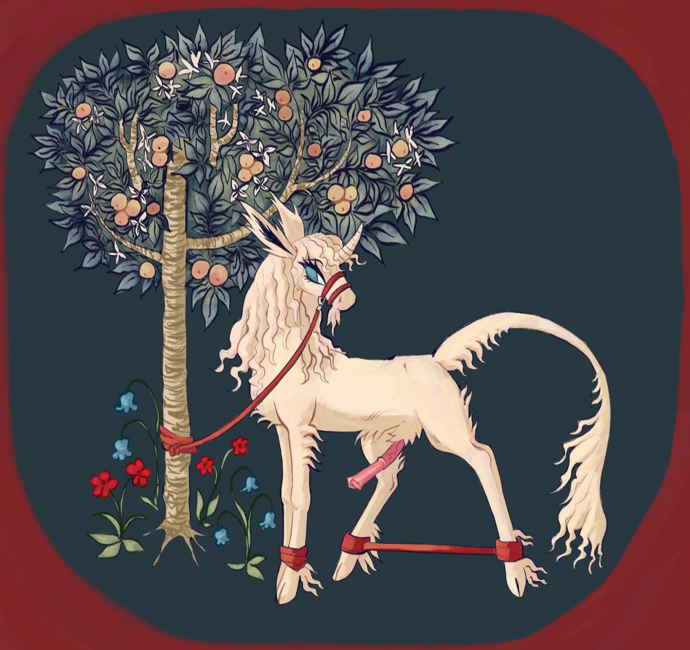 a unicorn tethered to a small fruit tree with rope. its front hooves are bound together while its back hooves are forced apart by a spreader bar. its cock is hard