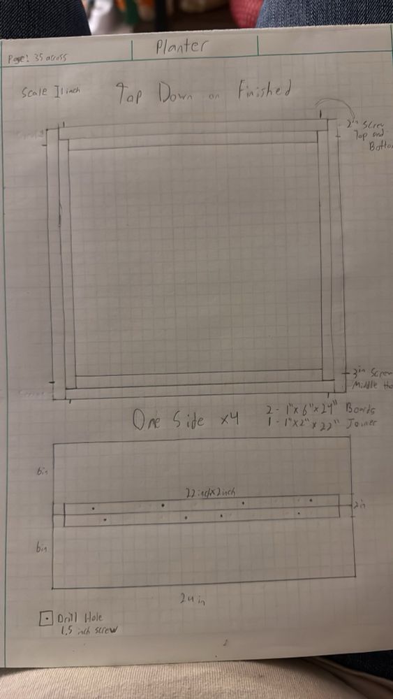 Sketches of a planter on graph paper. On top we see a top down view showing all 4 walls and their joiners. This helped me make sure the sides would all fit together

On the bottom is a view of what a single side looked like. It was two cedar planks joined by a cedar strip to give the planter the height it needed