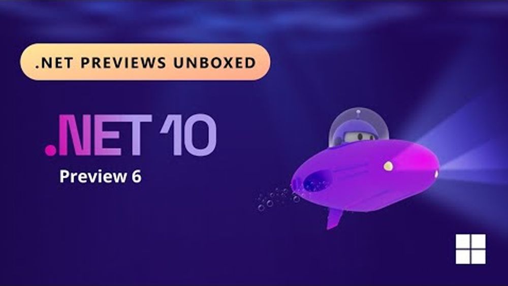 Illustration of .net bot in a racecar submarine.
text reads: .NET 10 Preview 6