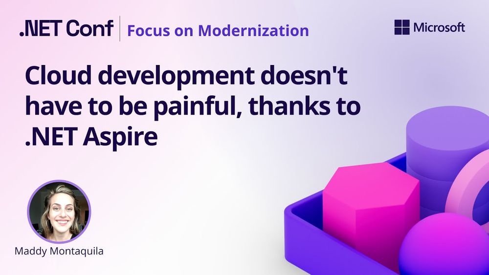 spot art.
Photo of presenter(s).
text reads: Cloud development doesn't have to be painful, thanks to .NET Aspire