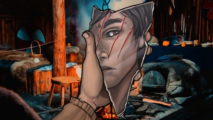 CG de la novela visual Soulcreek.
Alex, el protagonista, se mira el reflejo en un trozo de espejo roto.
Tiene un zarpazo en la mitad de la cara que le cruza el ojo.