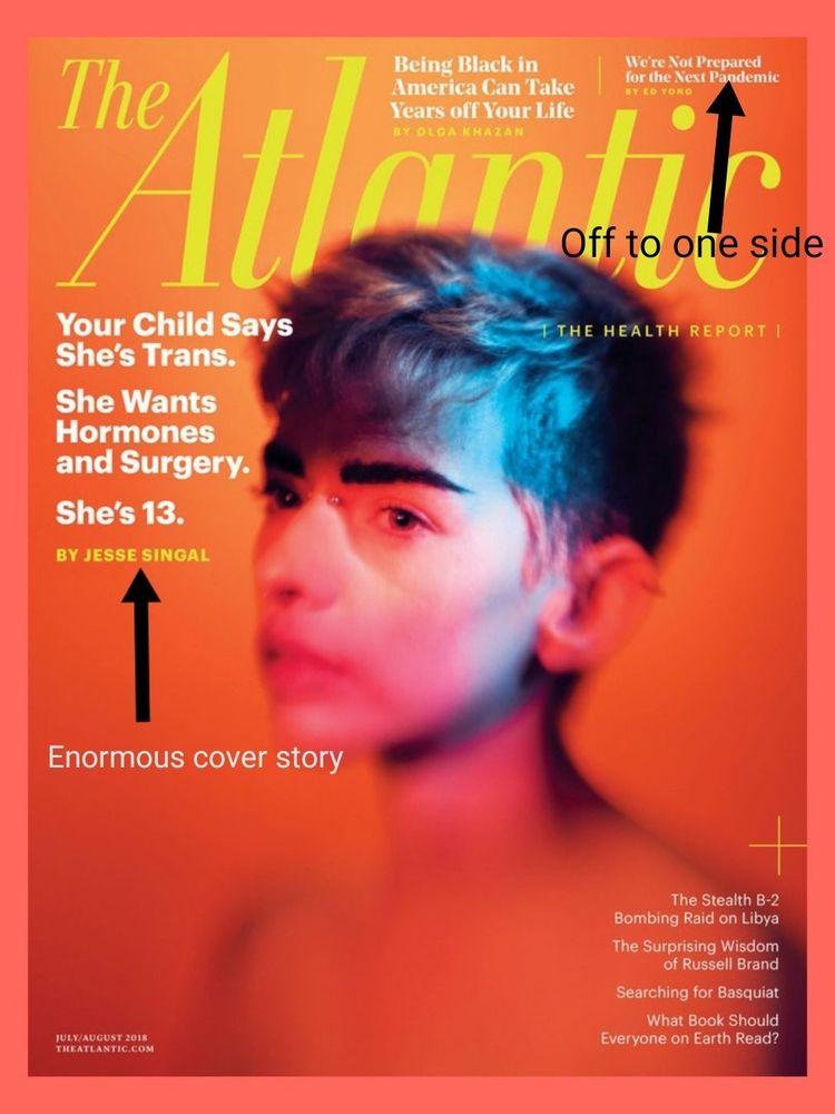 2018: "The Health Report" Atlantic magazine cover. The cover story is a transphobic piece about transgender kids by Jesse Singal and takes up most of the page. In tiny little letters in the upper right corner, as if an afterthought compared to the world shattering stakes of trans children, was the story "We're not prepared for the next pandemic".