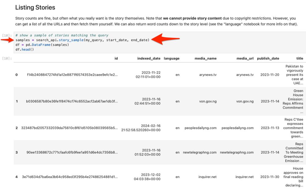 screenshot of Jupyter notebook showing python code use of the `story_sample` endpoint being used, with a table a results