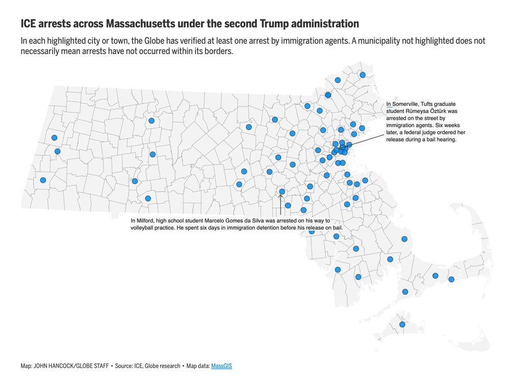 Map of MA with municipality outlines. Some include a blue dot, indicating that at least one arrest by ICE has happened there. Include two annotations, for Milford (Marcelo Gomes da Silva) and Somerville (Rümeysa Öztürk) arrests.