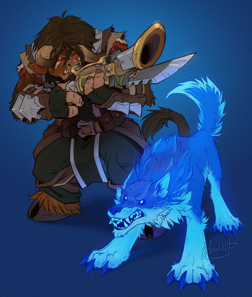 Digital art of a male tauren hunter standing in a ready pose with a bayoneted rifle held in his hands, with a spectral blue wolf companion crouched and snarling beside him, on a flat blue background.