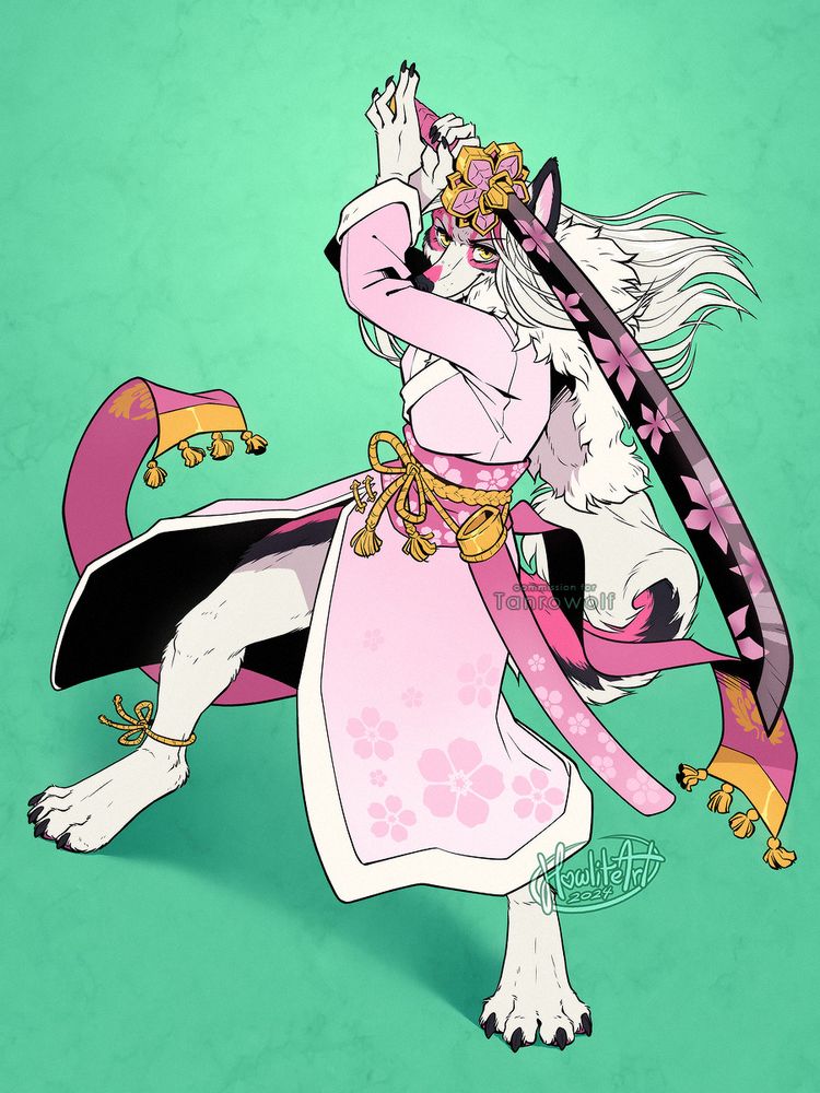 Digital art of a female husky anthro, her fur pink and white, wearing a kimono-like outfit in a matching color scheme. She is posed mid-action, her hair and clothes billowing out, with her large two-handed katana held up above her head, making eye contact with the viewer. The sword's blade and hilt have a floral design, matching the flowers on her outfit.
