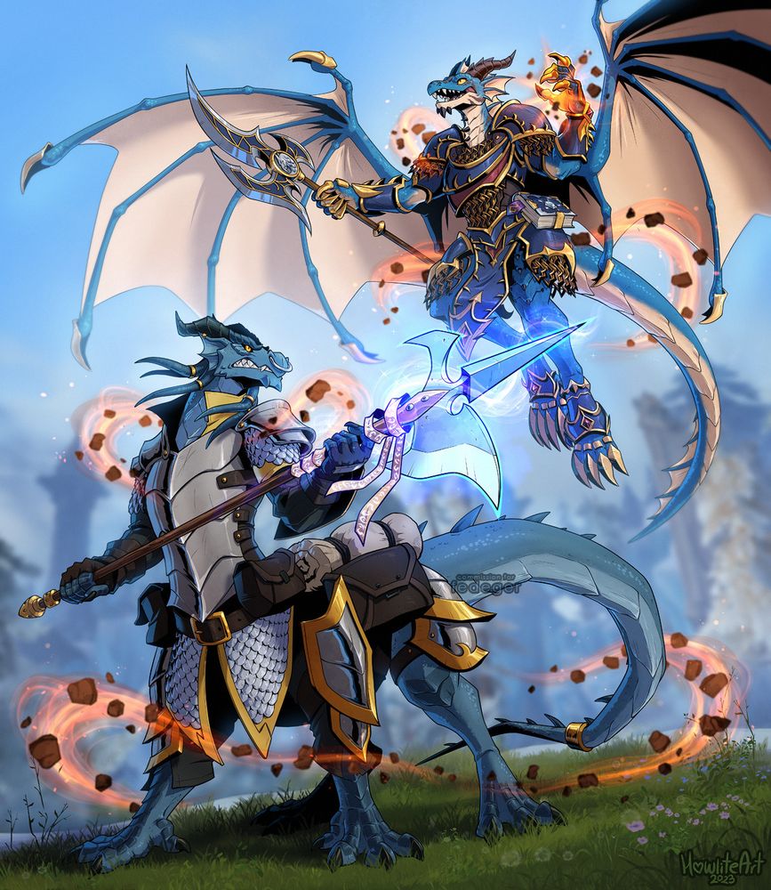A blue dracthyr and a blue dragonspawn (centaur-shaped dragon) are ready for a battle, their expressions tense! The dracthyr is in the air, a polearm in one hand and an earth-based spell lighting up the other, with earthen protection magic around him and his friend. The dragonspawn has his halberd held up at the ready, the blade glowing with arcane magic.