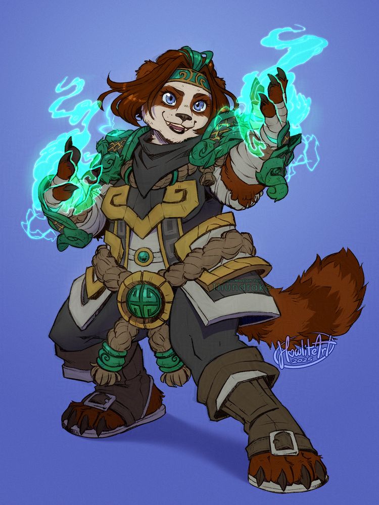 Digital art of a female Pandaren in serpent-themed armor and a thick rope belt, a headband holding up her chin-length bangs. She is standing in a ready pose, smiling, her hands raised with curls of glowing green mist rising from both.